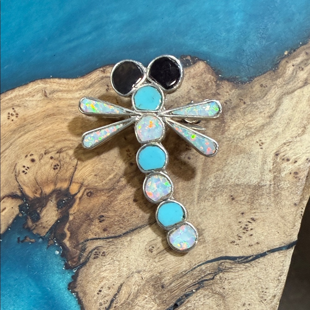 Dragonfly Brooch and Pendant with Turquoise and Opal Accents and Onyx